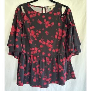 MICHAEL KORS Women’s M Cold Shoulder Top Black Red Roses Ruffle Long Sleeve